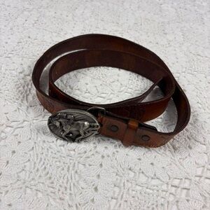 Vintage Brown Leather Belt with Ornate Silver Buckle